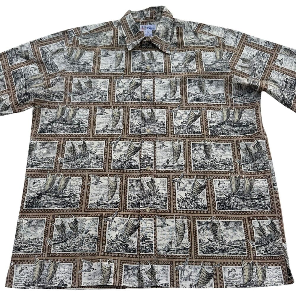 Vintage 1990s Reyn Spooner Hawaiian Traditions Canoe Aloha Shirt Large USA Made